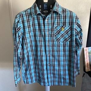 Ralph Lauren Shirt Womens 14/16 Blue Plaid Snap On Western Button Up Ladies